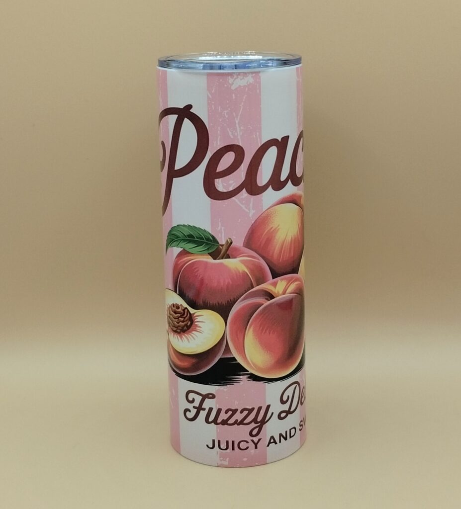 Custom peach-themed skinny tumbler with pink stripes, illustrated peaches, and a clear lid.