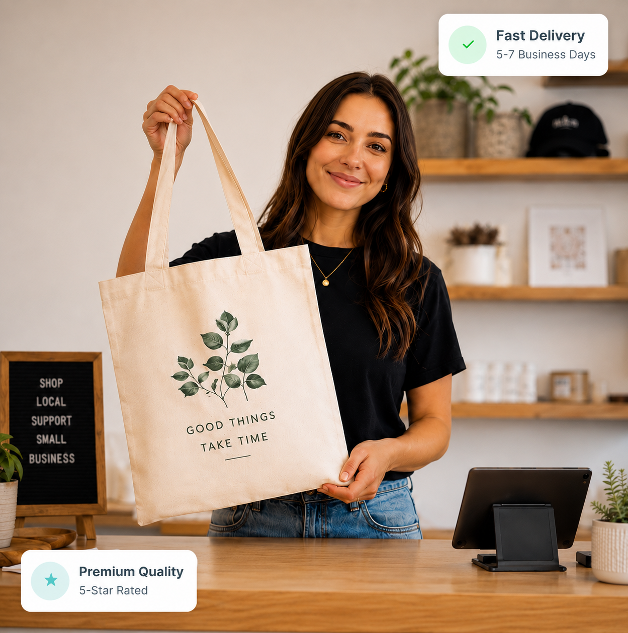 Woman holding a custom botanical canvas tote bag in a small shop with “Fast Delivery” and “Premium Quality” badges.