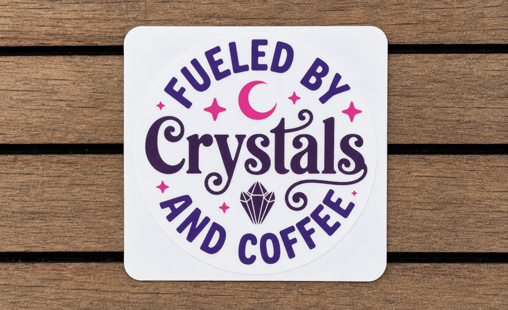 Fueled by Crystals and Coffee” sticker with purple lettering, pink moon and stars, and a crystal illustration.