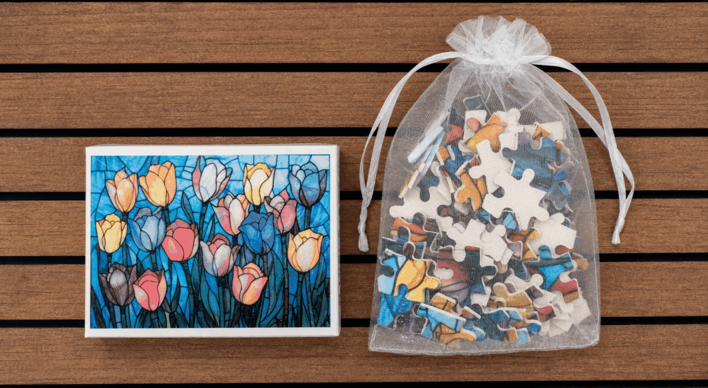 Tulip flower jigsaw puzzle with colorful stained-glass-style artwork and puzzle pieces in a white drawstring bag.